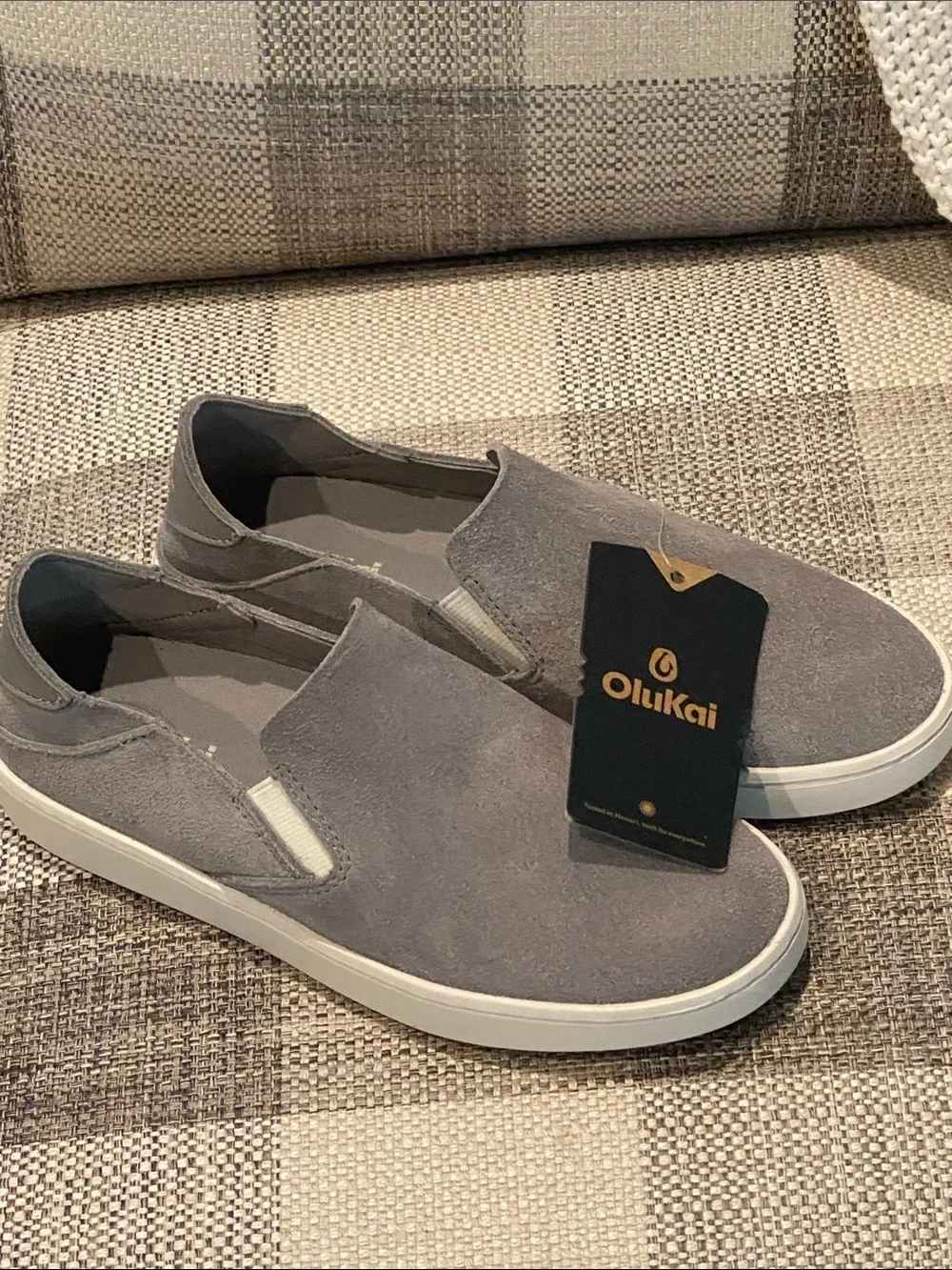 OluKai Women’s Slip-On Suede Loafers in Gray with White Sole